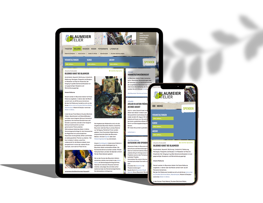 Tablet und Smartphone auf denen die Website vom Blaumeier Atelier zusehen ist