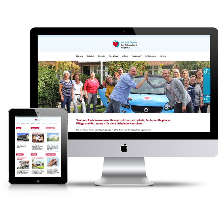 iMac und Smartphone auf denen die Website vom Pflegedienst Lilienthal zusehen ist