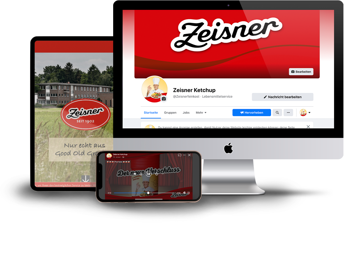 verschiedene Endgeräte auf denen die Website und die Facebookseite von Zeisner angezeigt werden