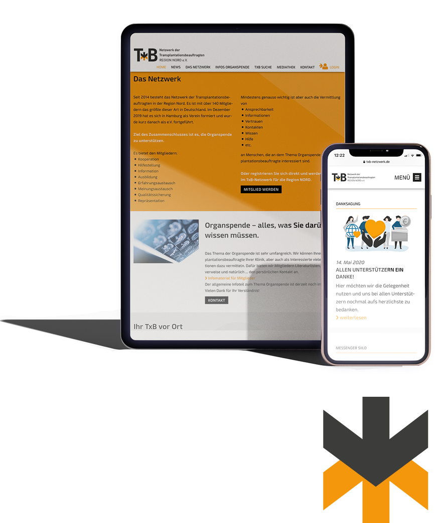 Tablet und Smartphone auf denen die Website vom Netzwerk der Transplantationsbeauftragten zusehen ist