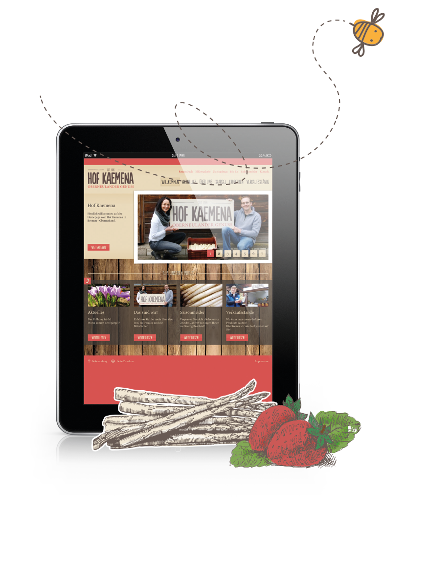 Tabletansicht-Kaemena-Website Tablet auf dem die Website von Hof Kaemena zusehen ist