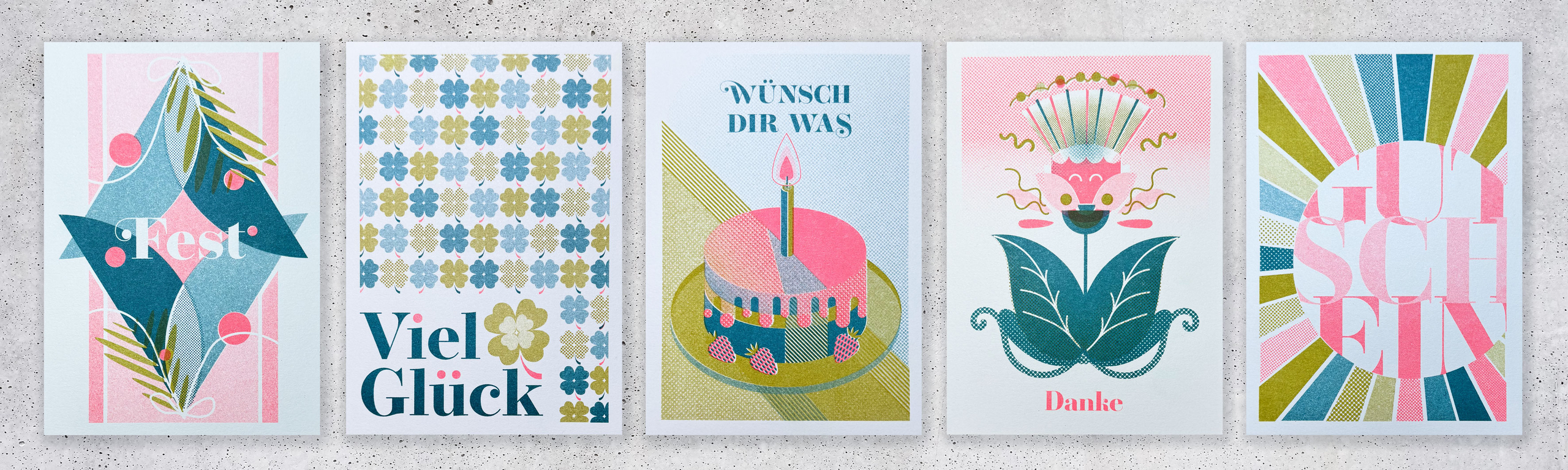 5 Riso Grußkarten - frohes Fest, viel Glück, wünsch dir was, Danke, Gutschein
