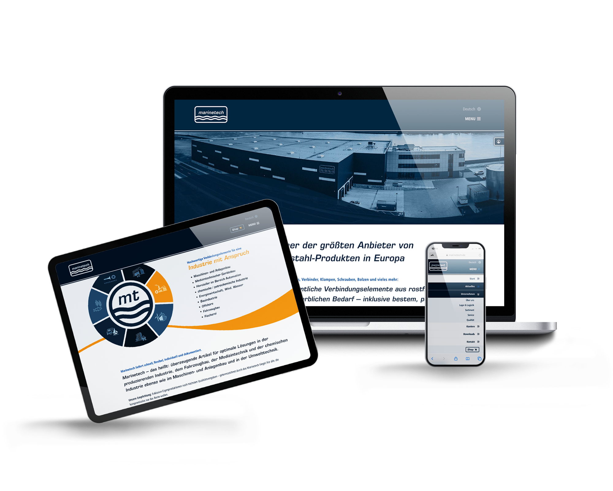 Laptop-, Tablet- und Smartphoneansicht von der Website von Marinetech